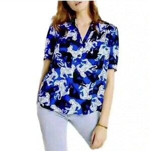 Anthropologie Emily Isabella Robina Blue Black Cat Panther Top Blouse Medium